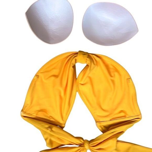 Abercrombie Yellow Ribbed Knot Bandeau Bikini Set XL Top L High Cheeky Bottom - Picture 9 of 16